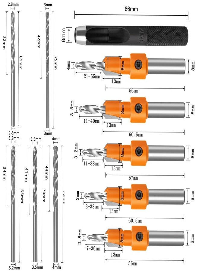 Serplex مجموعة رؤوس مثقاب مخروطية من سيربلكس® مكونة من 10 قطع بساق دائرية 8 مم، و5 قطع إضافية من رؤوس التوجيه، مصنوعة من فولاذ كربوني رقم 45، مع مفتاح ألين سريع التغيير لأعمال النجارة، ومجموعة ثقوب براغي توجيهية. - Image 2